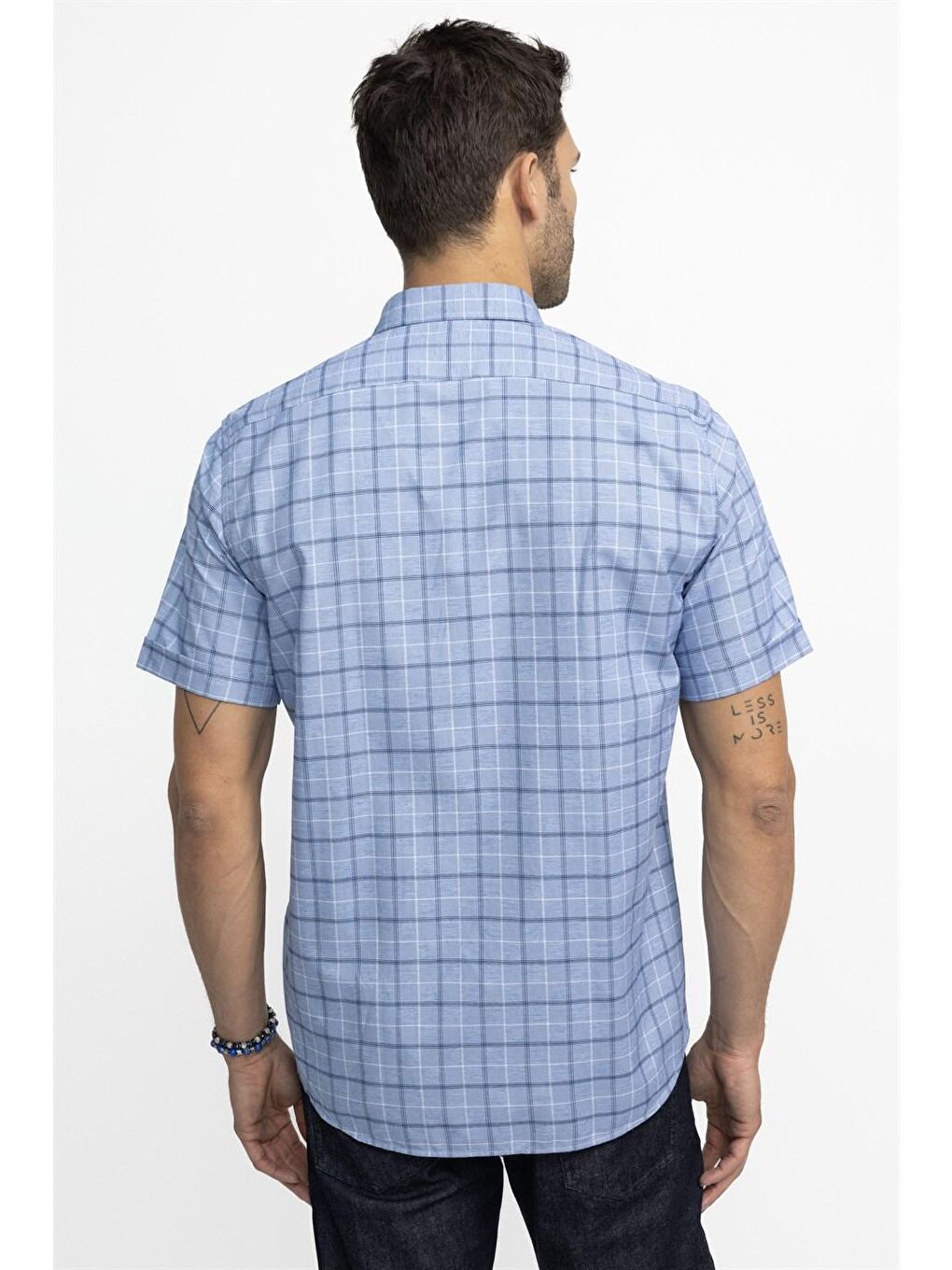 Tudors Klasik Fit Kısa Kol Ekoseli Düğmeli Yaka Erkek Mavi Gömlek-3