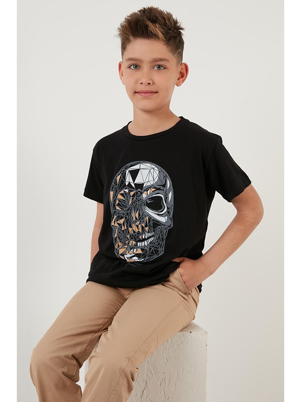 Siyah Baskılı Bisiklet Yaka Pamuklu T Shirt 6211012