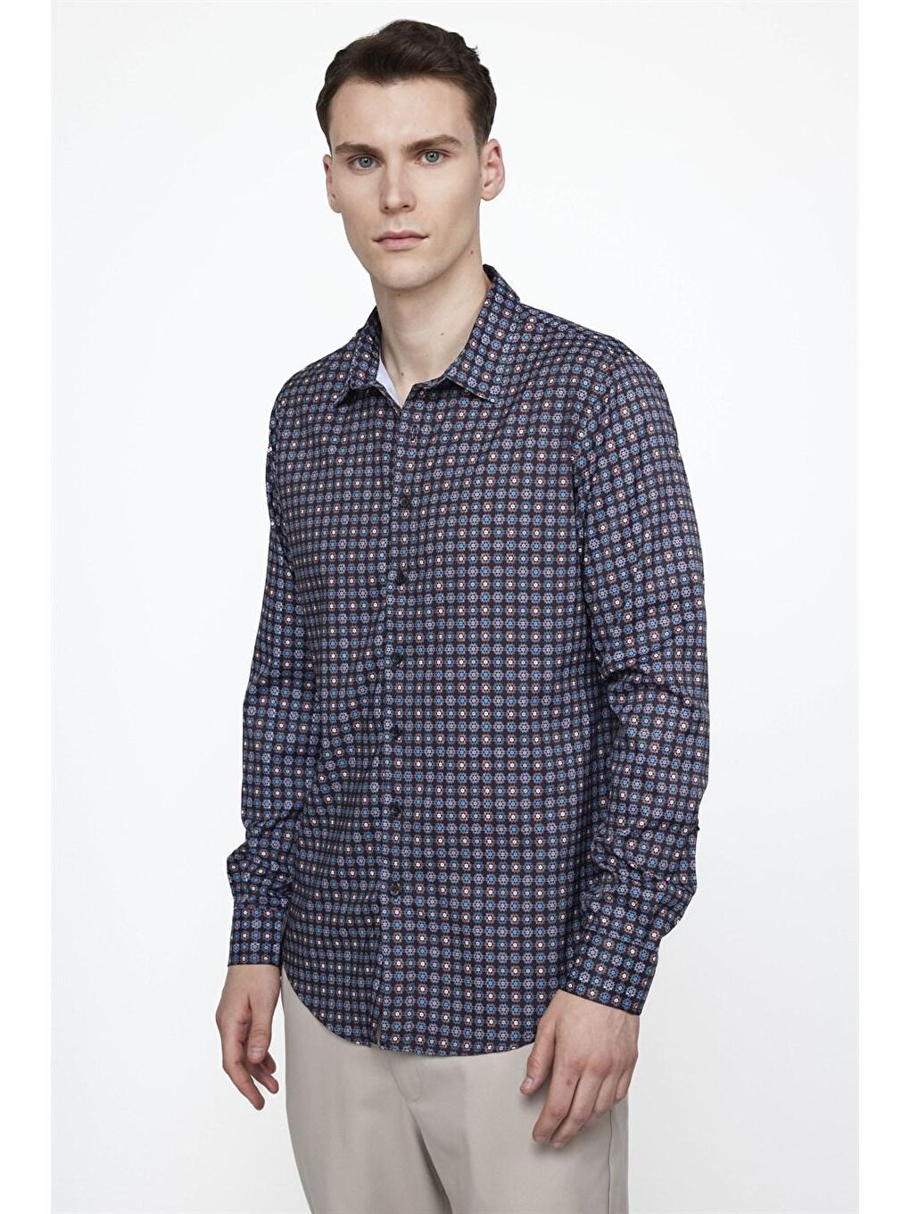 Siyah Tudors Slim Fit Dar Kesim Uzun Kollu Elastanlı Baskılı Erkek Çok Renkli Gömlek
