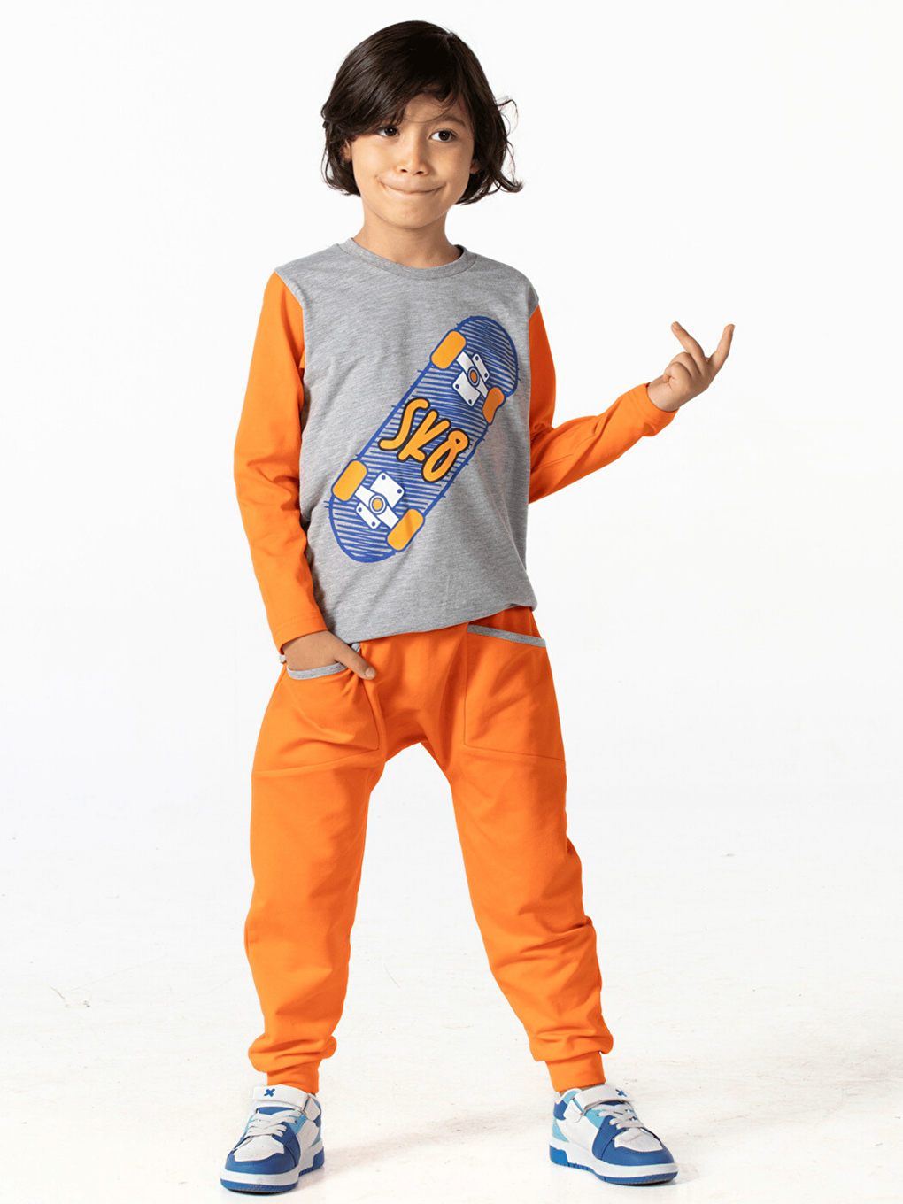 Gri Turuncu Kaykay Baggy Pantolon Takım-3