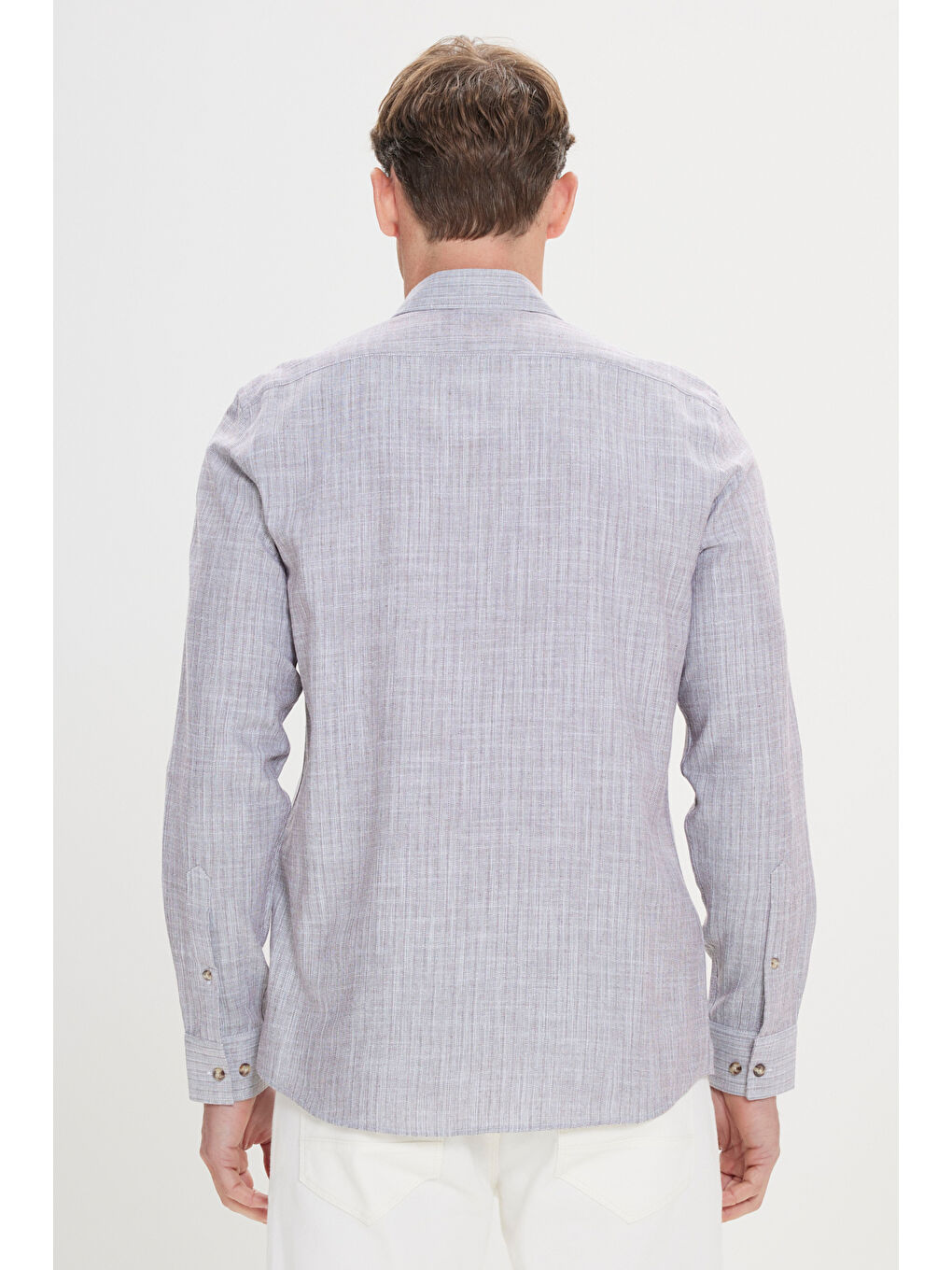 Erkek Kahverengi Slim Fit Dar Kesim Gizli Düğmeli Yaka Keten Görünümlü %100 Pamuk Flamlı Gömlek-5