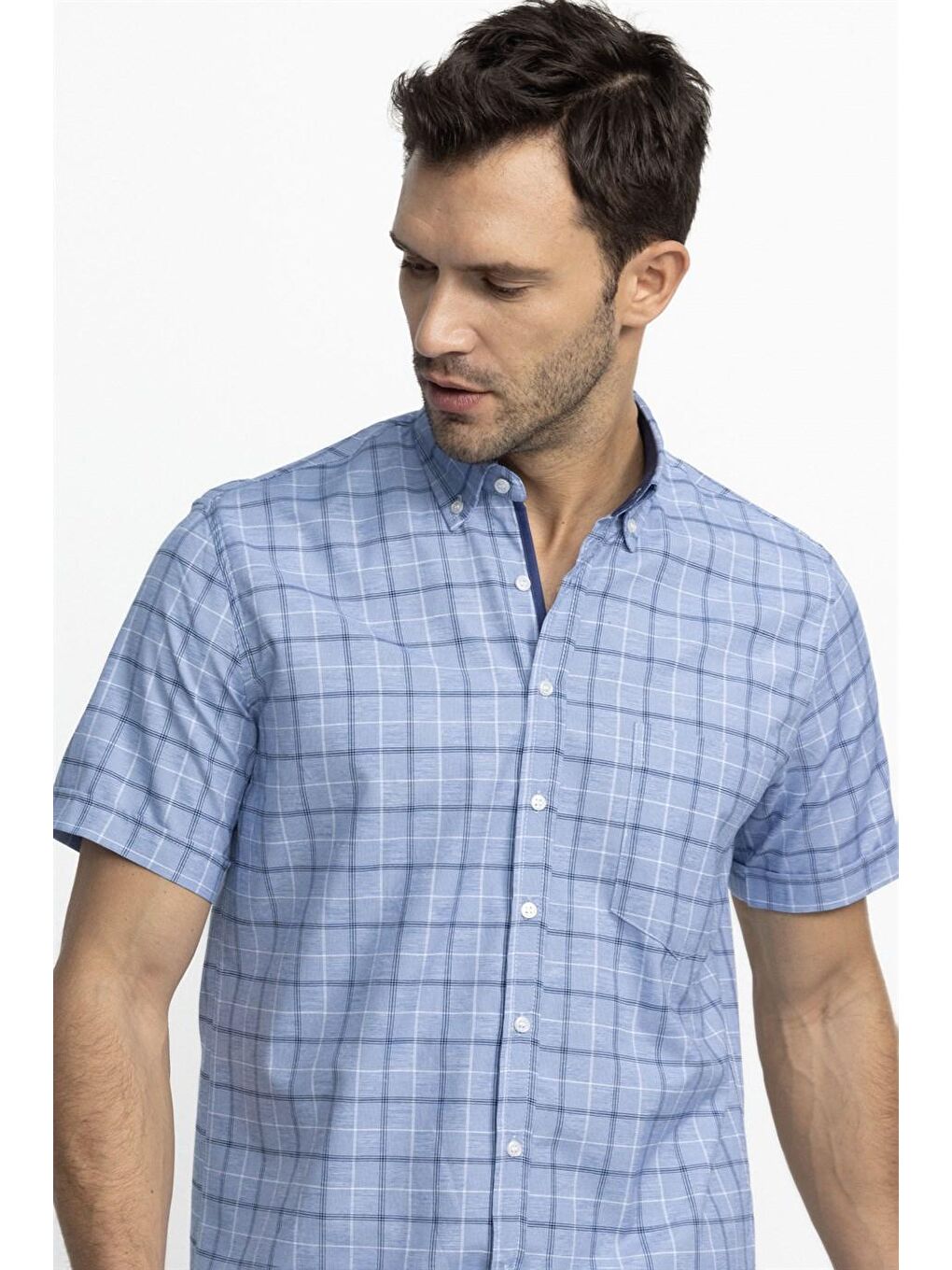 Tudors Klasik Fit Kısa Kol Ekoseli Düğmeli Yaka Erkek Mavi Gömlek-4