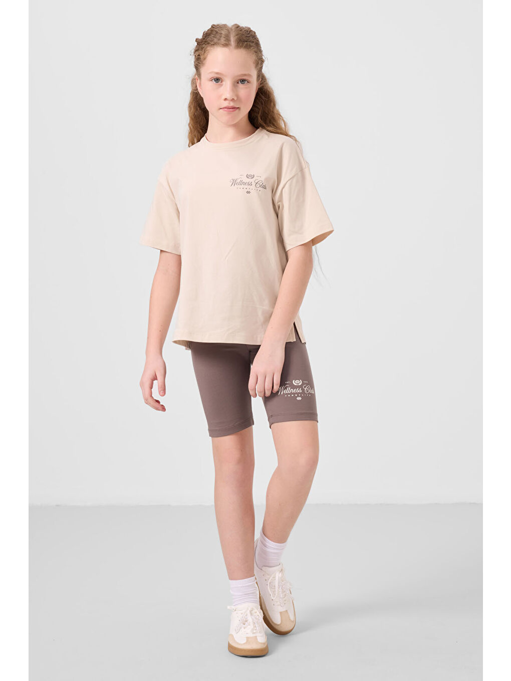 Bej-Kahverengi Pamuklu O Yaka Standart Fit Baskılı Kız Çocuk Tayt Takım - 75190-2