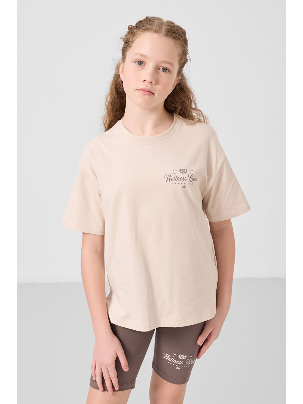 Bej-Kahverengi Pamuklu O Yaka Standart Fit Baskılı Kız Çocuk Tayt Takım - 75190-4