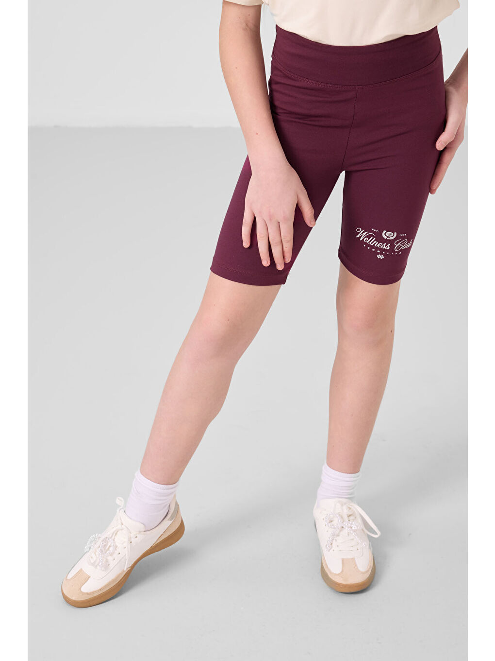 Ekru-Bordo Pamuklu O Yaka Standart Fit Baskılı Kız Çocuk Tayt Takım - 75190-1