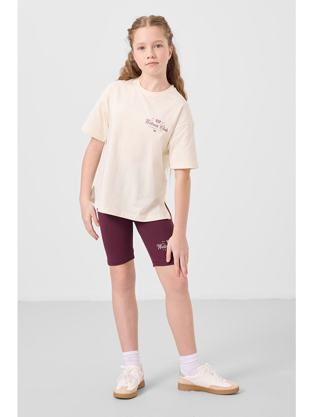 Ekru-Bordo Pamuklu O Yaka Standart Fit Baskılı Kız Çocuk Tayt Takım - 75190-2