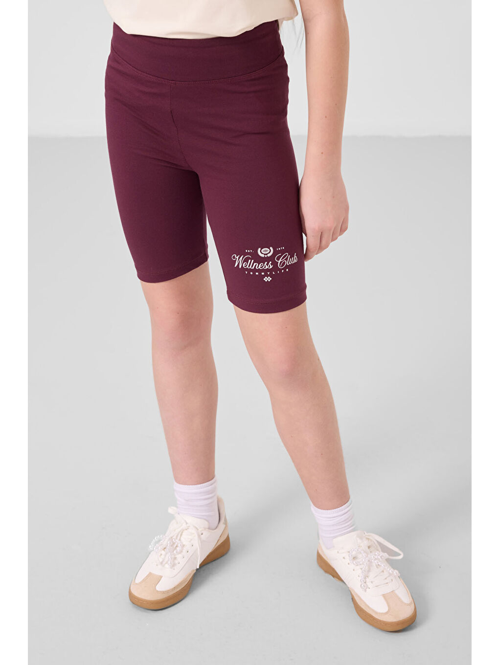 Ekru-Bordo Pamuklu O Yaka Standart Fit Baskılı Kız Çocuk Tayt Takım - 75190-4