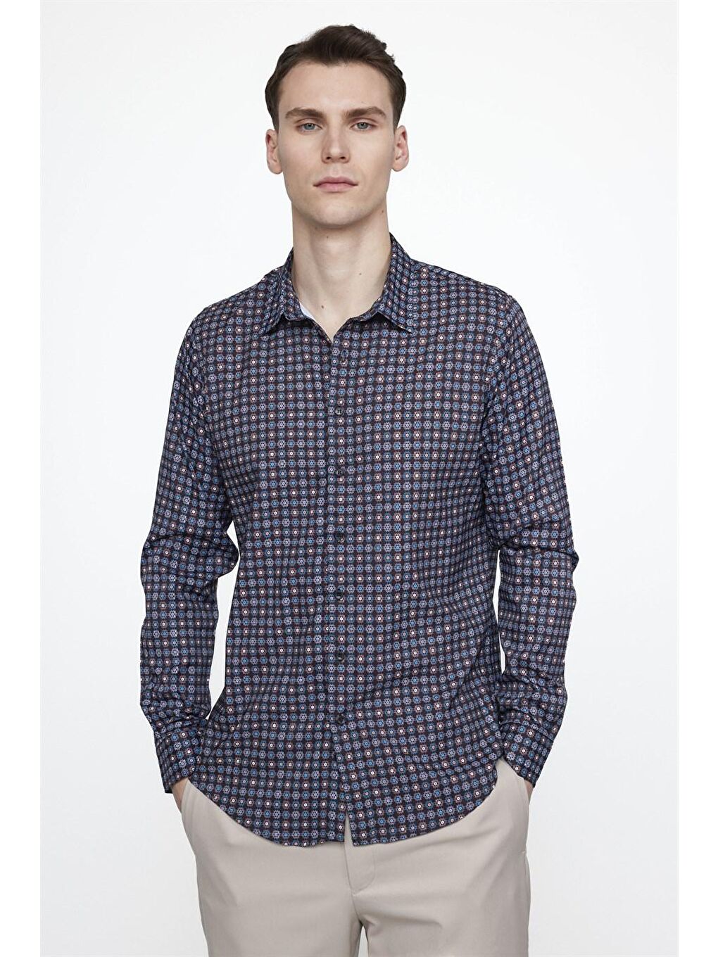 Siyah Tudors Slim Fit Dar Kesim Uzun Kollu Elastanlı Baskılı Erkek Çok Renkli Gömlek-1