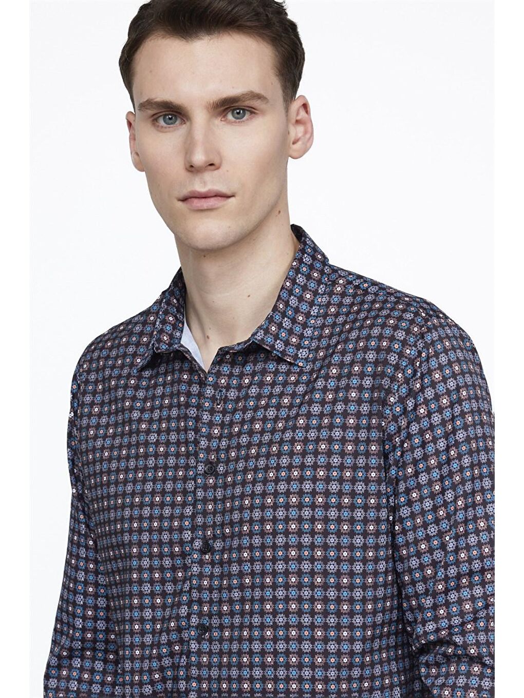 Siyah Tudors Slim Fit Dar Kesim Uzun Kollu Elastanlı Baskılı Erkek Çok Renkli Gömlek-2