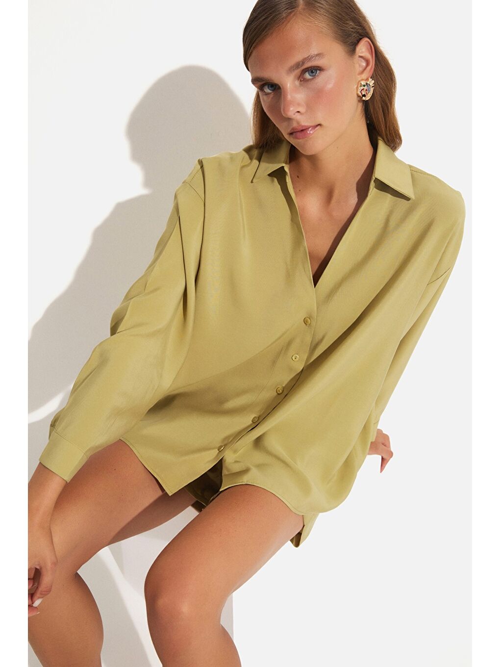 Haki Kadın Dokümlü Gömlek-Şort Takım-4