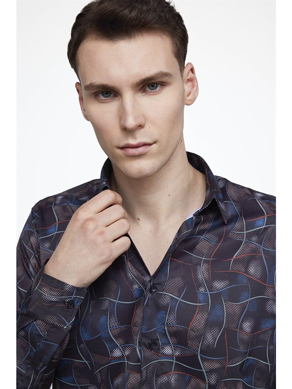 Siyah Tudors Slim Fit Dar Kesim Uzun Kollu Elastanlı Baskılı Erkek Çok Renkli Gömlek