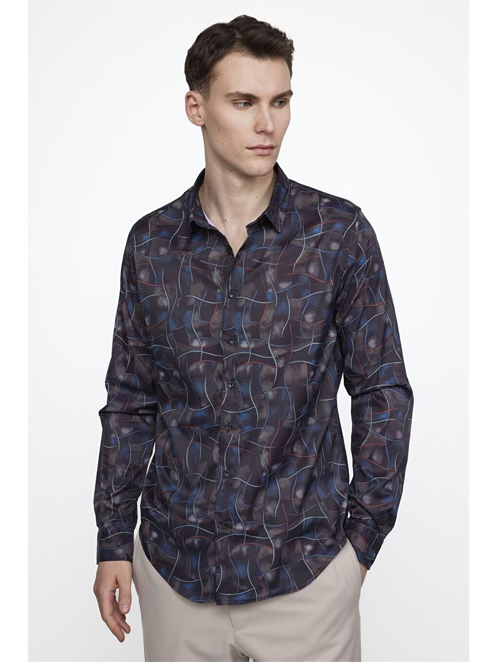 Siyah Tudors Slim Fit Dar Kesim Uzun Kollu Elastanlı Baskılı Erkek Çok Renkli Gömlek-1