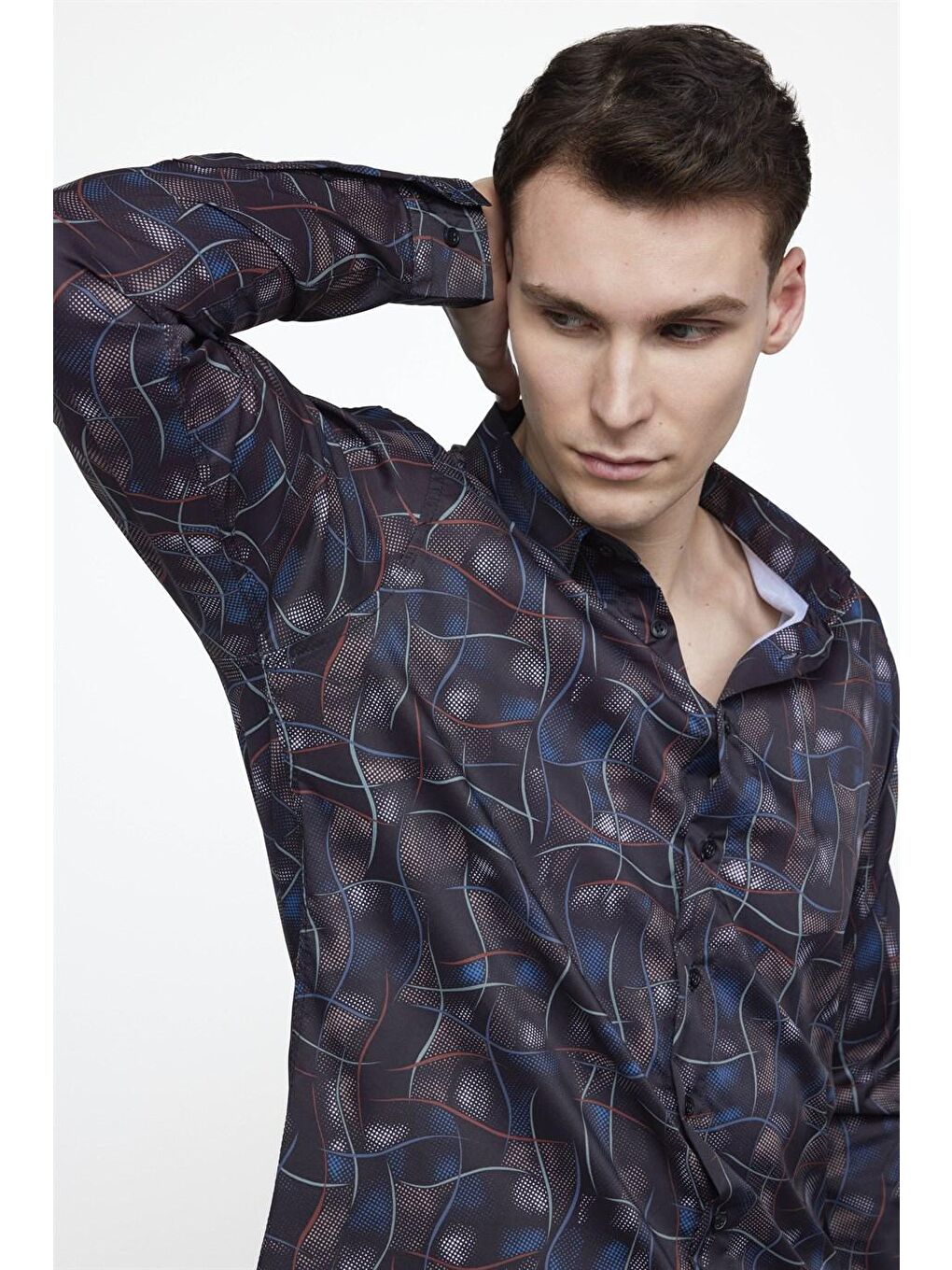Siyah Tudors Slim Fit Dar Kesim Uzun Kollu Elastanlı Baskılı Erkek Çok Renkli Gömlek-2