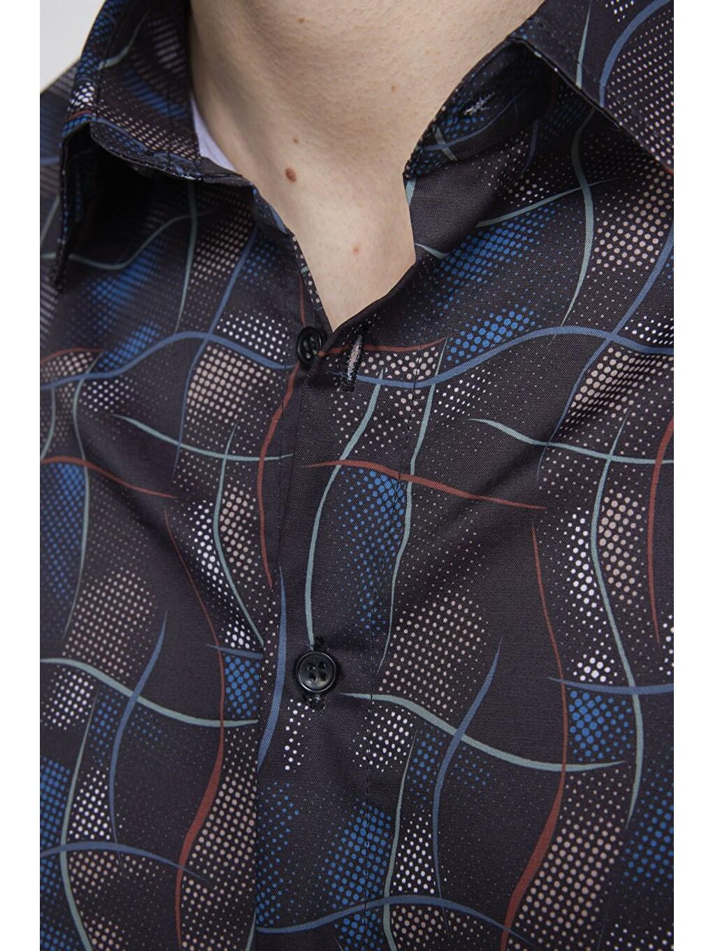 Siyah Tudors Slim Fit Dar Kesim Uzun Kollu Elastanlı Baskılı Erkek Çok Renkli Gömlek-4