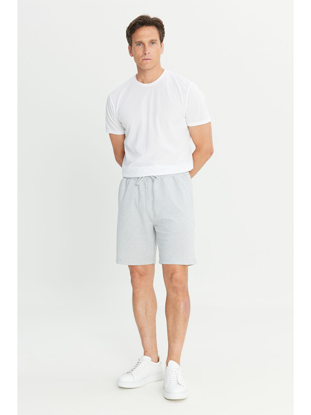 Erkek Gri Melanj Pamuklu Rahat Nefes Alabilen 2 İplik Cepli Örme Standart Fit Normal Kesim Şort-3