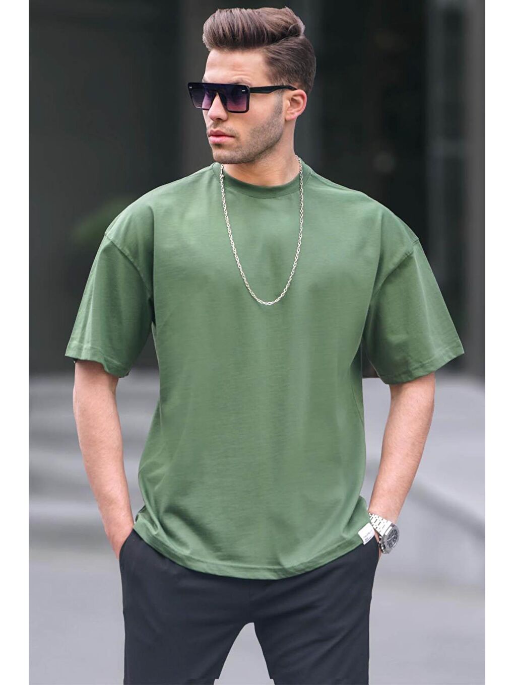 Erkek Haki Oversize Fit Basic %100 Pamuk Tişört 6066