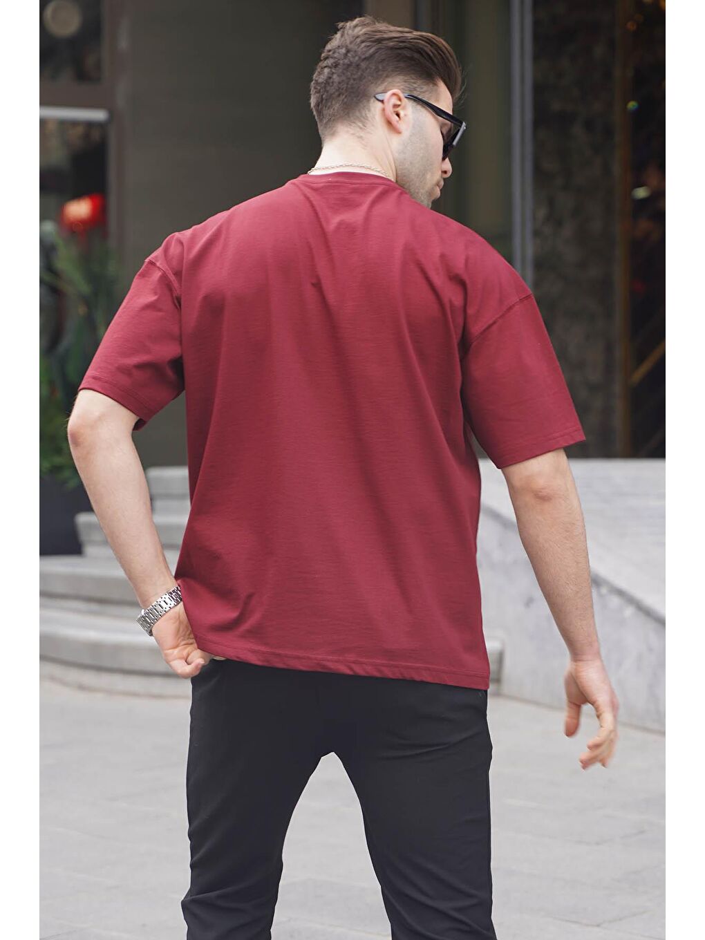 Erkek Bordo Oversize Fit Basic %100 Pamuk Tişört 6066-1