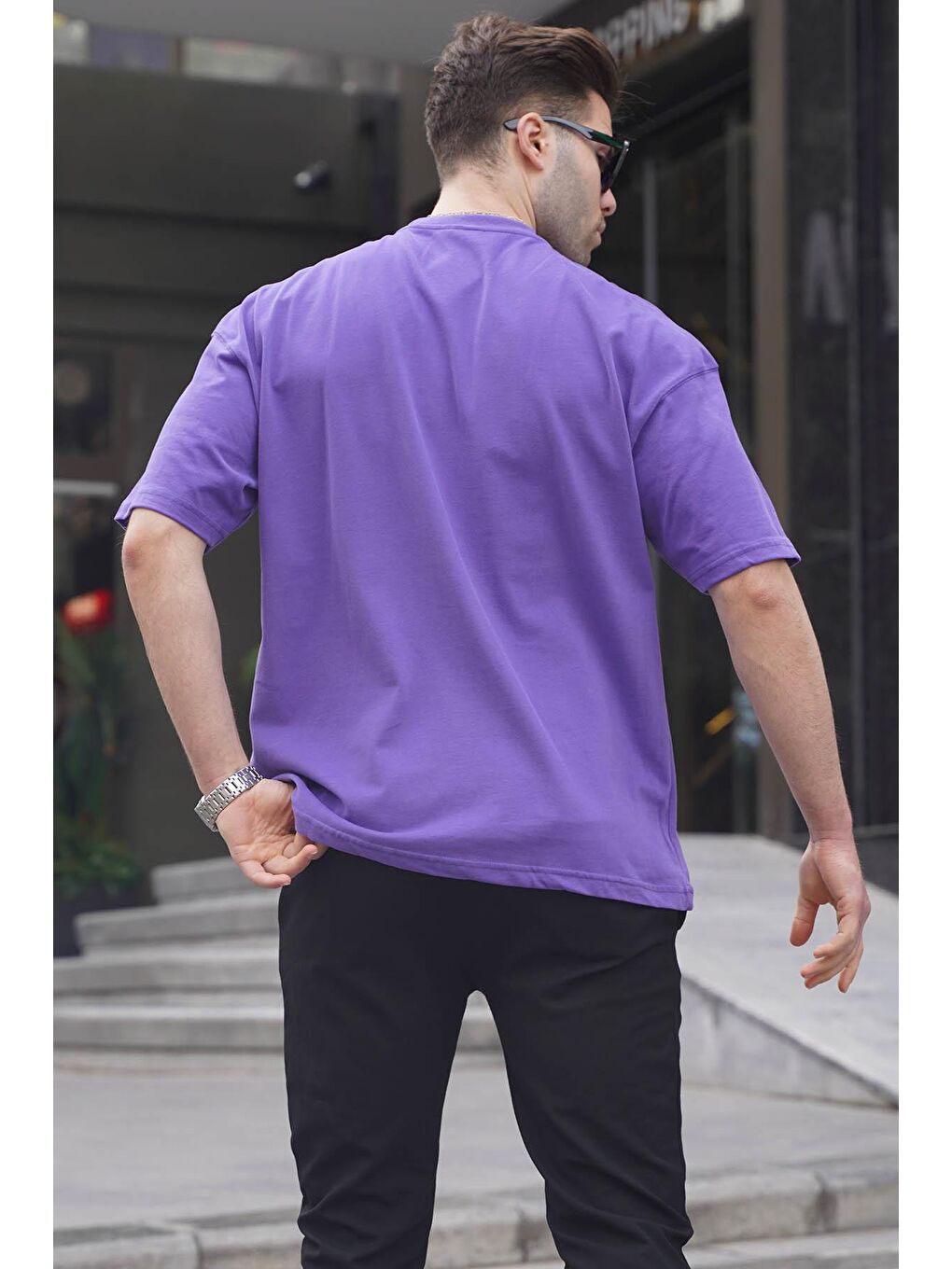Erkek Mor Oversize Fit Basic %100 Pamuk Tişört 6066-1