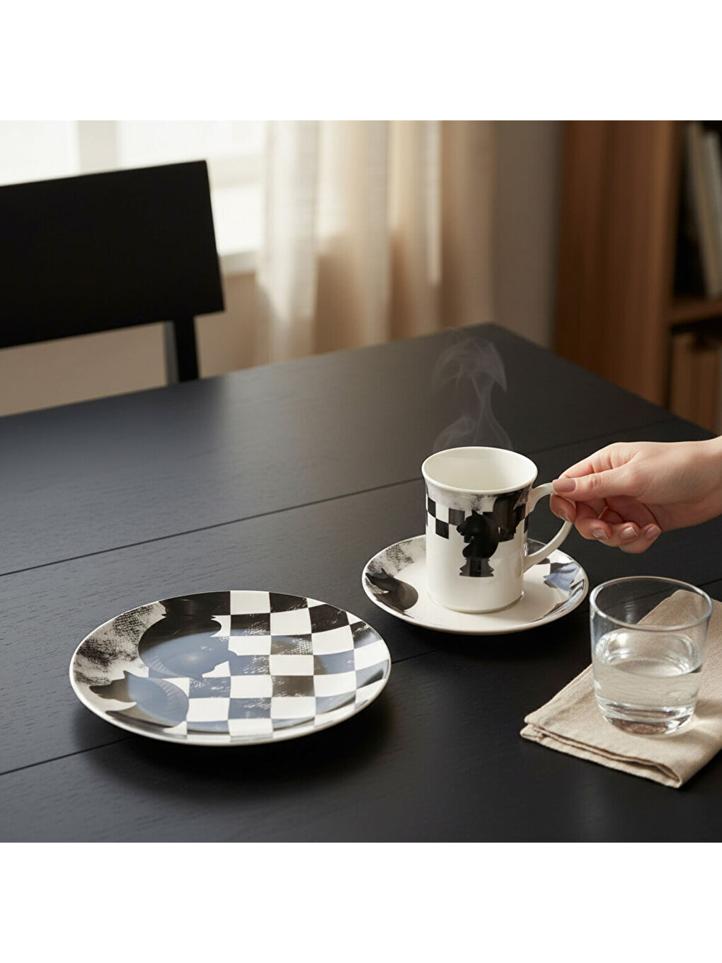 Ekru Camelia 3 Parça Çay Takımı Satranç At