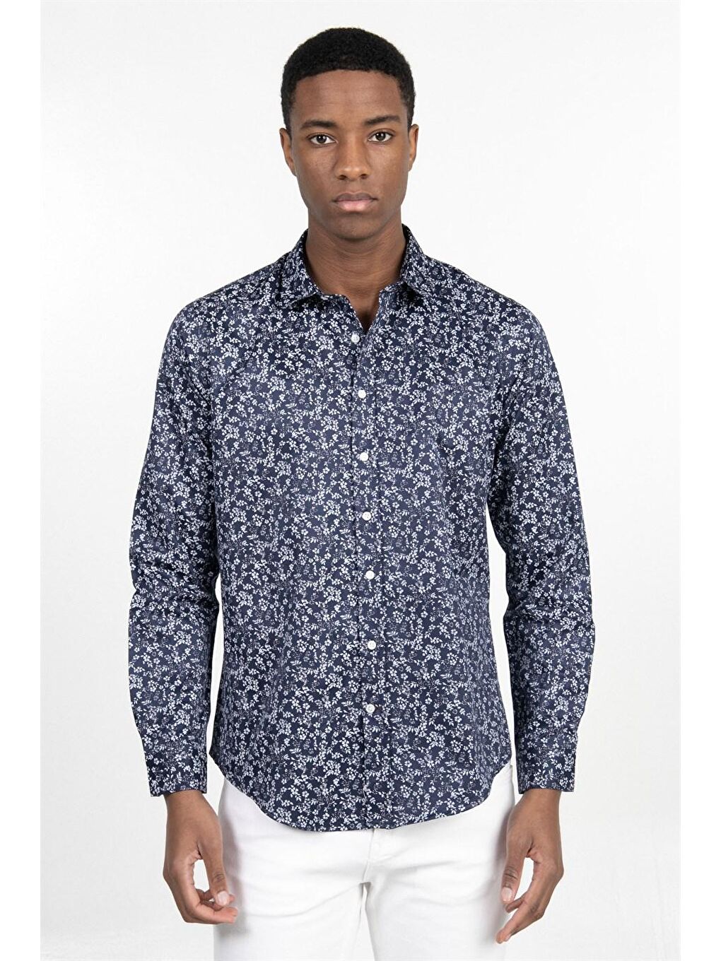 Tudors Slim Fit Dar Kesim Desenli Pamuklu Kolay Ütülenebilir Erkek Lacivert Gömlek