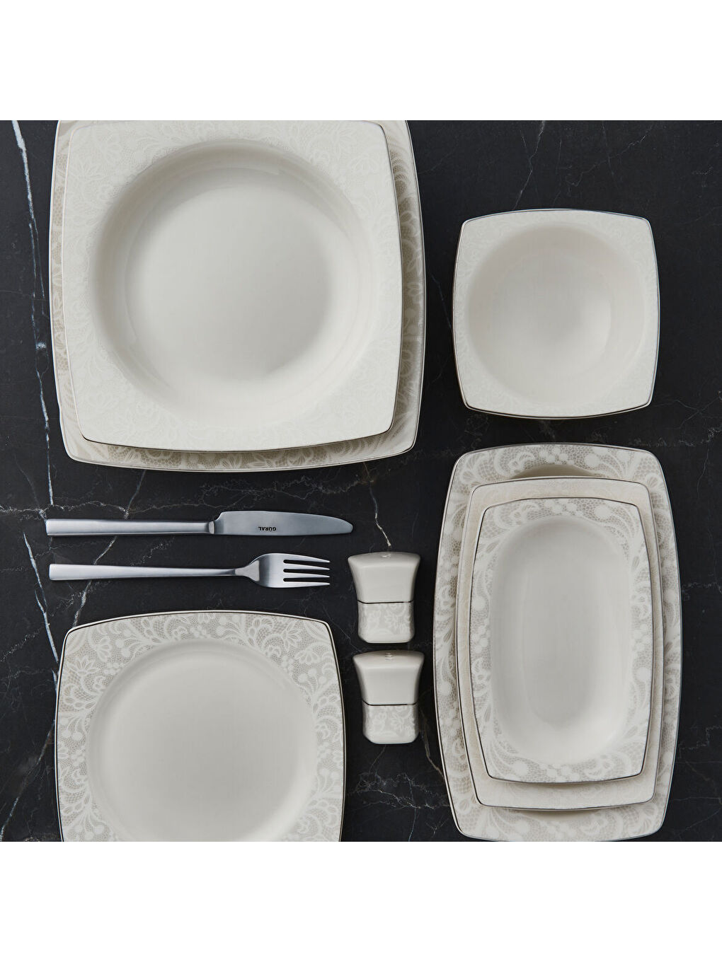 Ekru Caroline 54 Parça Kare Bone Yemek Takımı - 6327-1