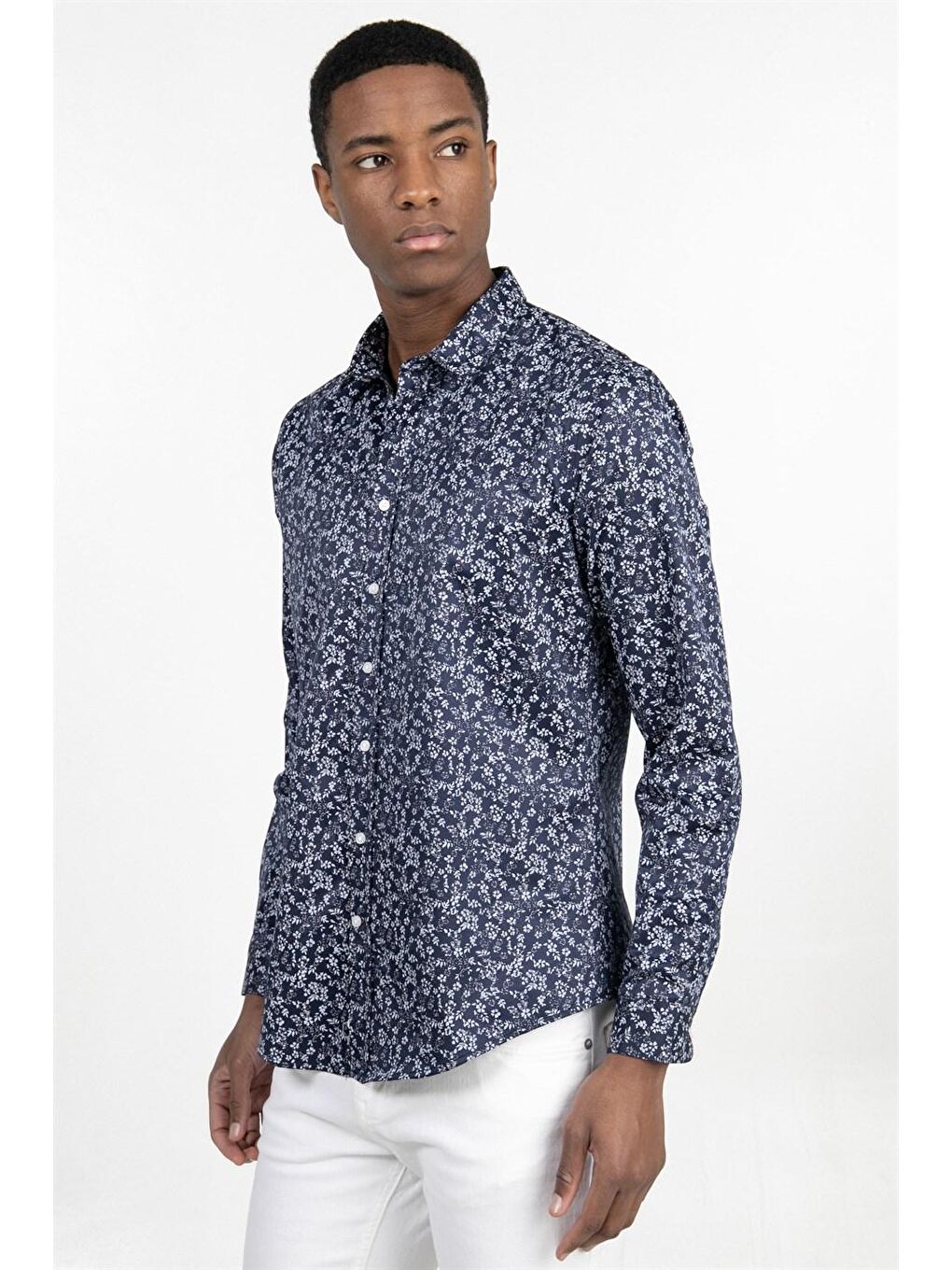 Tudors Slim Fit Dar Kesim Desenli Pamuklu Kolay Ütülenebilir Erkek Lacivert Gömlek-1