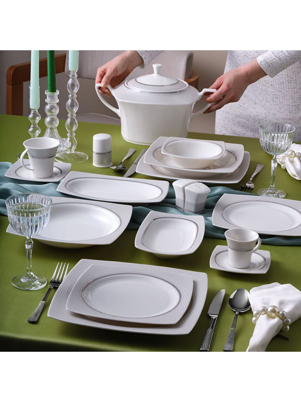 Ekru Caroline 85 Parça 12 Kişilik Kare Yemek Takımı 6565