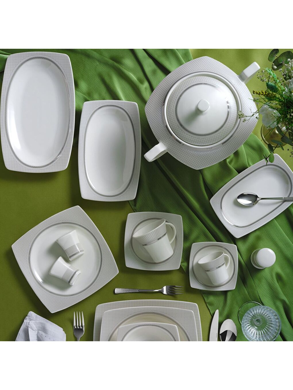 Ekru Caroline 85 Parça 12 Kişilik Kare Yemek Takımı 6565-1