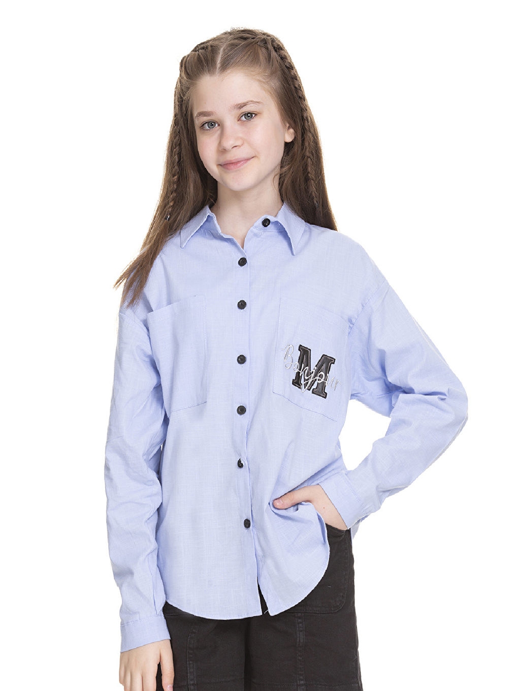 Mavi Kız Çocuk Cep Baskılı Keten Gömlek 8-14 Yaş-1