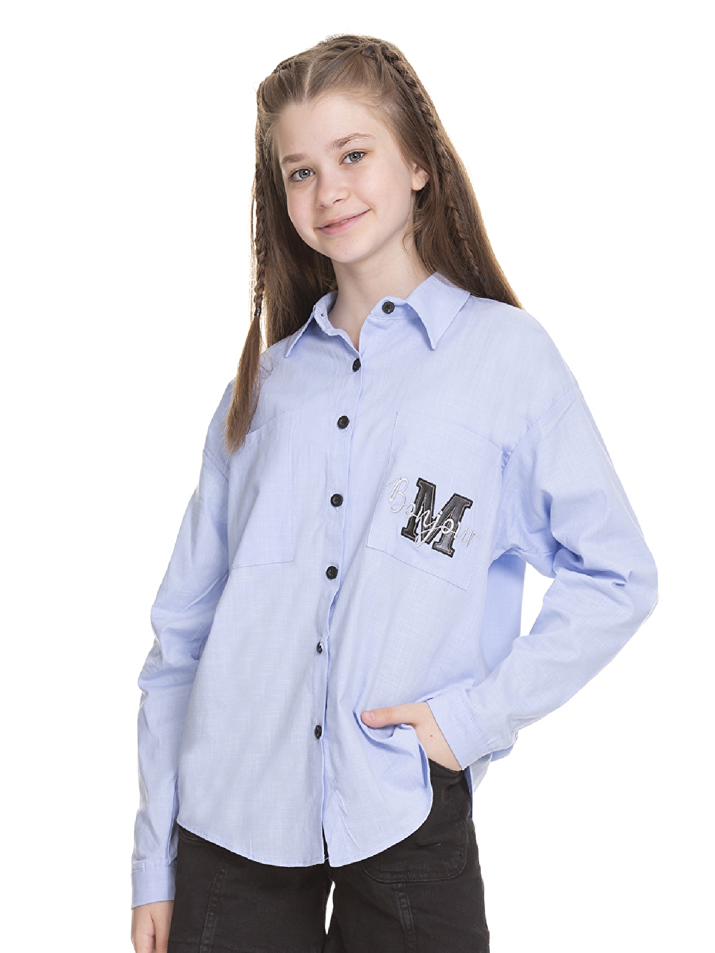 Mavi Kız Çocuk Cep Baskılı Keten Gömlek 8-14 Yaş-2