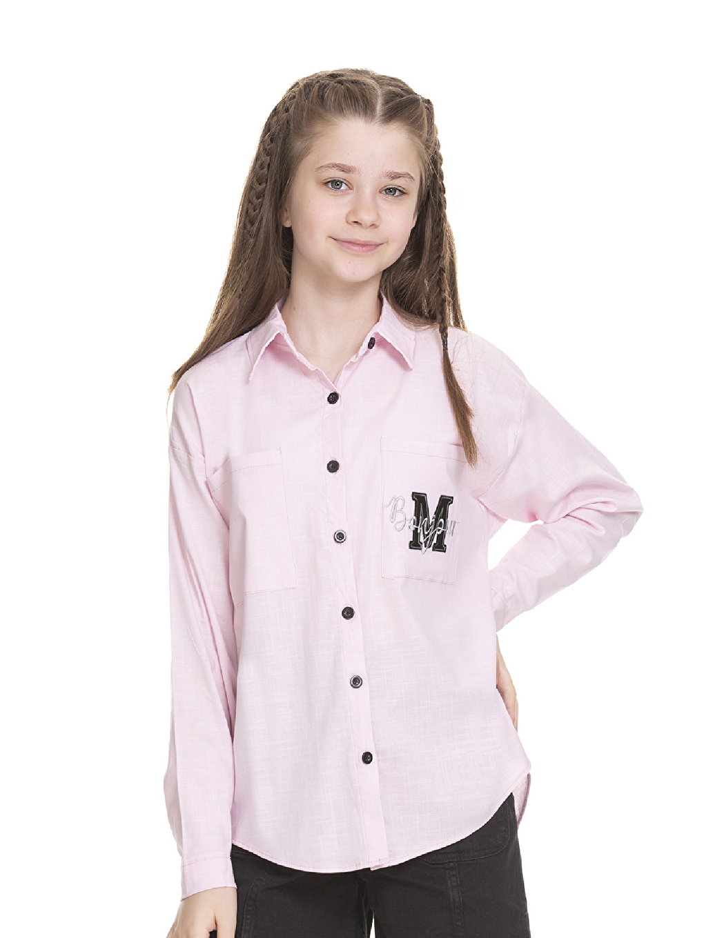 Pembe Kız Çocuk Cep Baskılı Keten Gömlek 8-14 Yaş-2