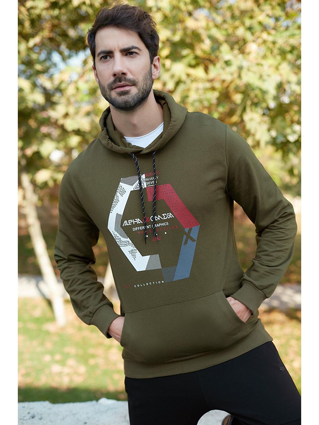 Yeşil Pamuklu Baskılı Kapüşonlu Örme Sweat 541ALPHAOMEGA