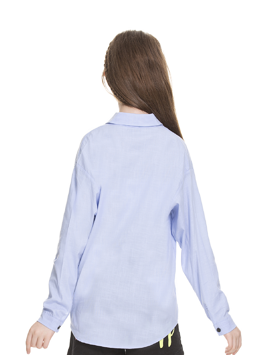 Mavi Kız Çocuk Cep Baskılı Keten Gömlek 8-14 Yaş-3