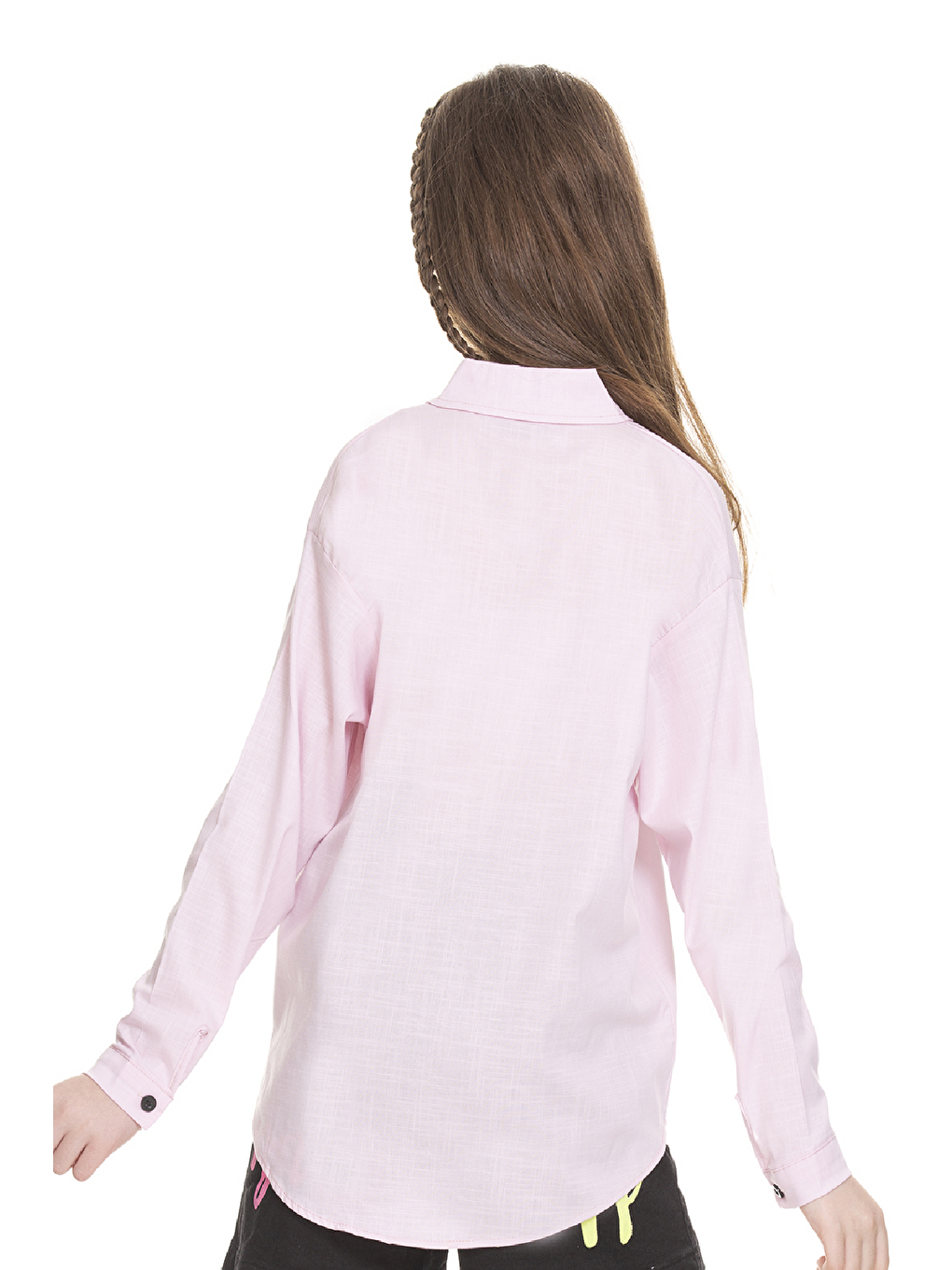 Pembe Kız Çocuk Cep Baskılı Keten Gömlek 8-14 Yaş-3