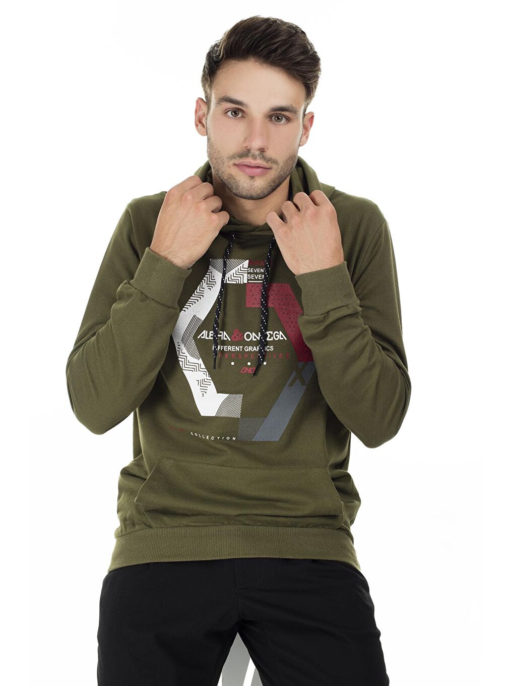 Yeşil Pamuklu Baskılı Kapüşonlu Örme Sweat 541ALPHAOMEGA-3