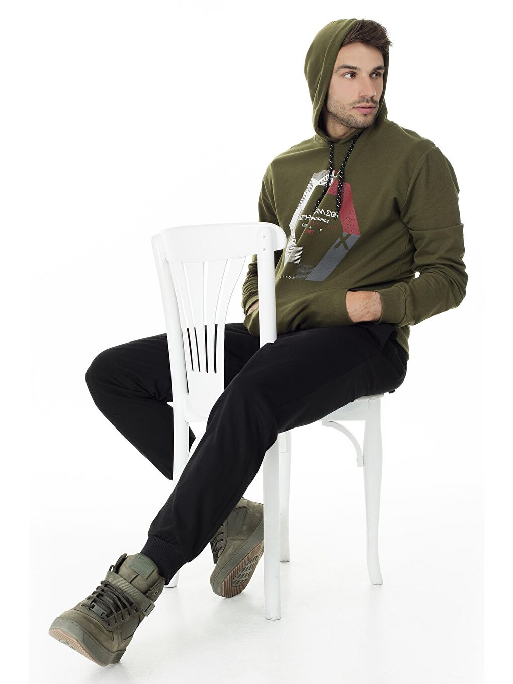 Yeşil Pamuklu Baskılı Kapüşonlu Örme Sweat 541ALPHAOMEGA-4