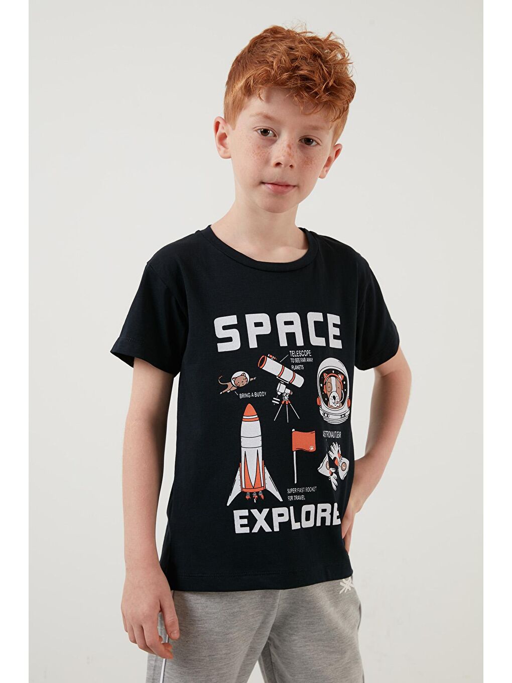 Lacivert Baskılı Bisiklet Yaka Pamuklu T Shirt 6211007-3