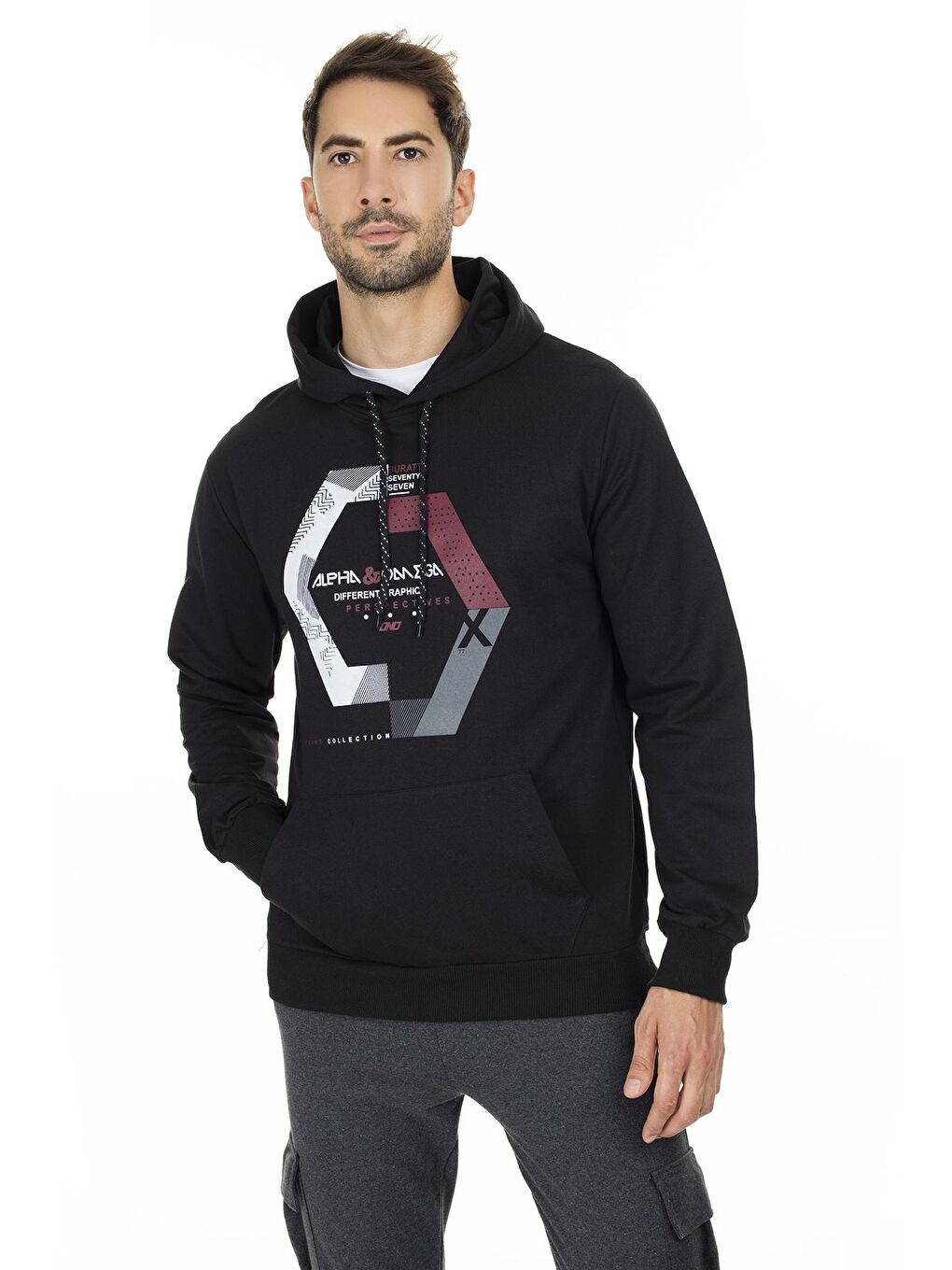 Buratti Siyah Pamuklu Baskılı Kapüşonlu Örme Erkek Sweatshirt 541ALPHAOMEGA - 2