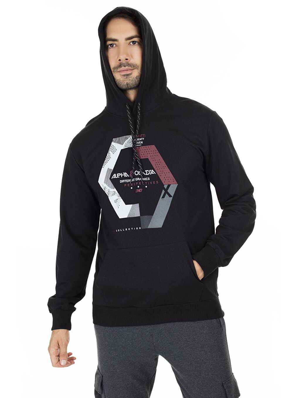 Buratti Siyah Pamuklu Baskılı Kapüşonlu Örme Erkek Sweatshirt 541ALPHAOMEGA - 4