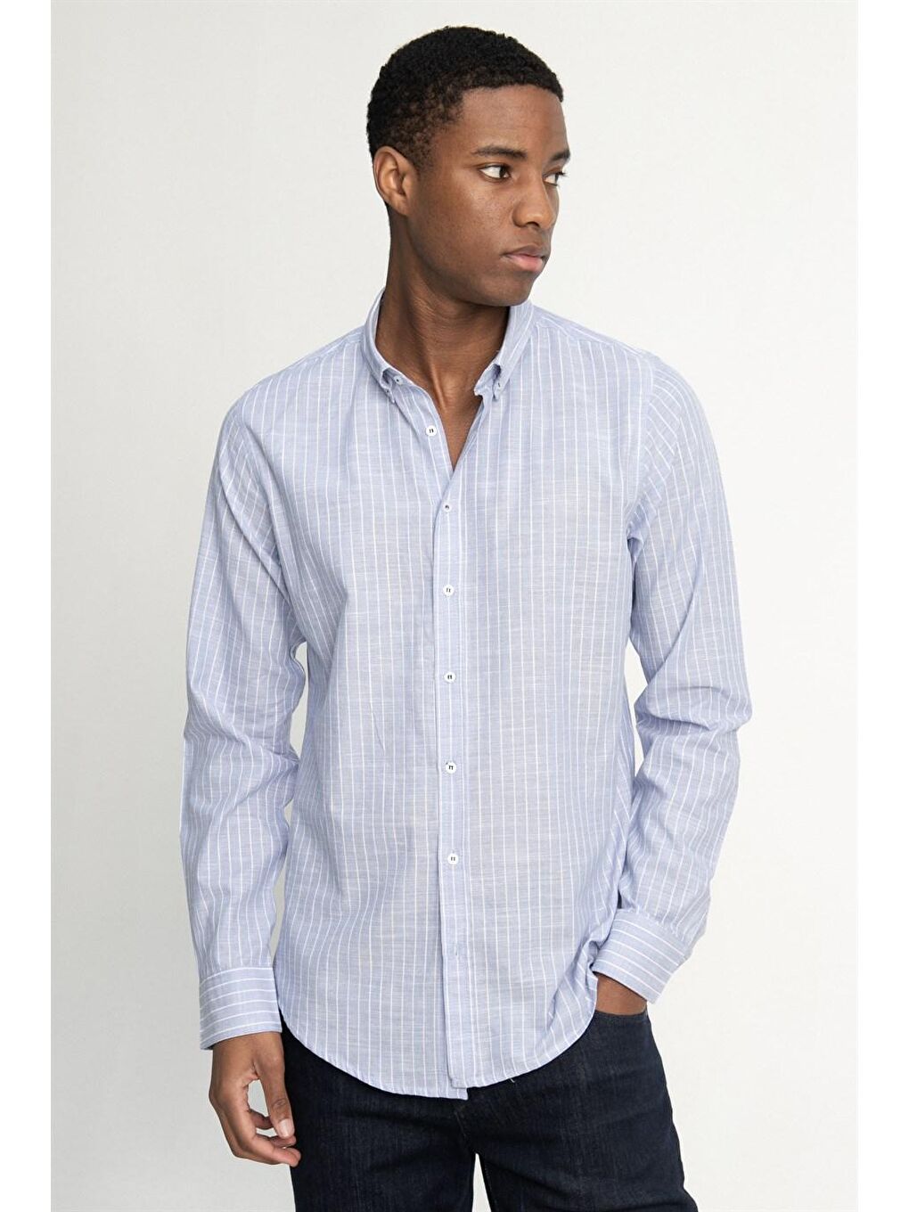 Tudors Slim Fit Uzun Kol Çizgili Keten Düğmeli Yaka Spor Erkek Mavi Gömlek