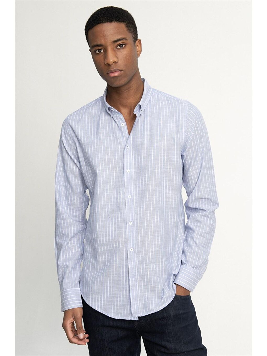 Tudors Slim Fit Uzun Kol Çizgili Keten Düğmeli Yaka Spor Erkek Mavi Gömlek-1