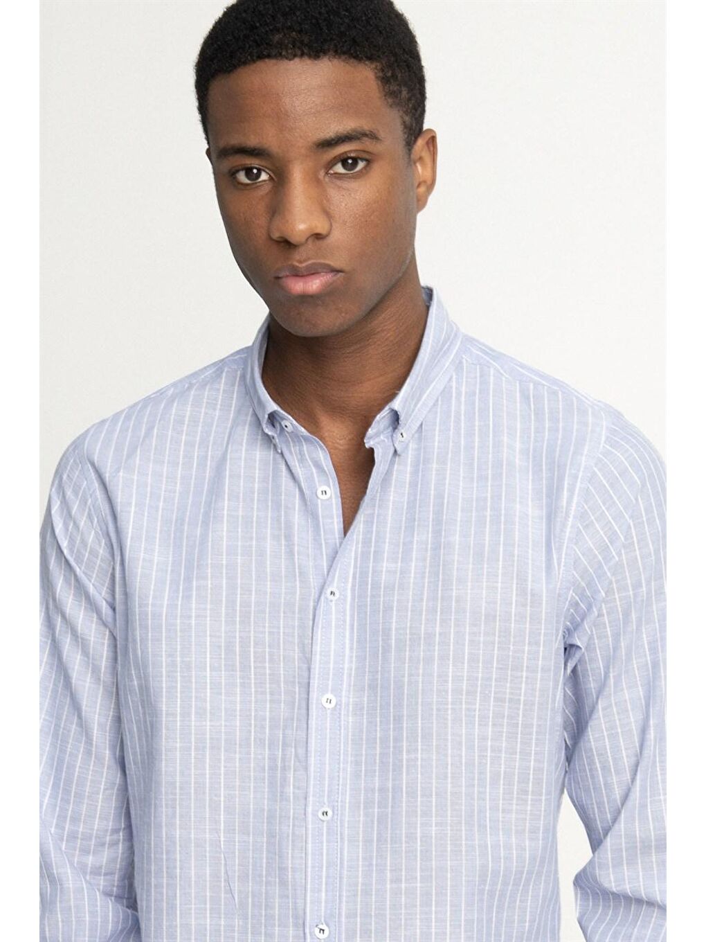 Tudors Slim Fit Uzun Kol Çizgili Keten Düğmeli Yaka Spor Erkek Mavi Gömlek-2