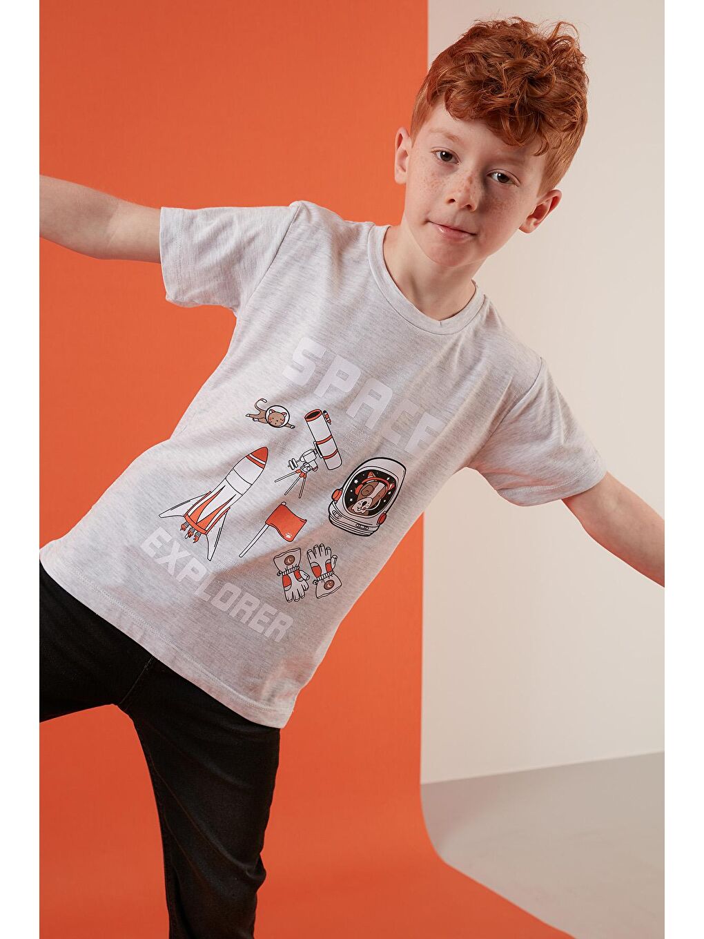 Gri Baskılı Bisiklet Yaka Pamuklu T Shirt 6211007