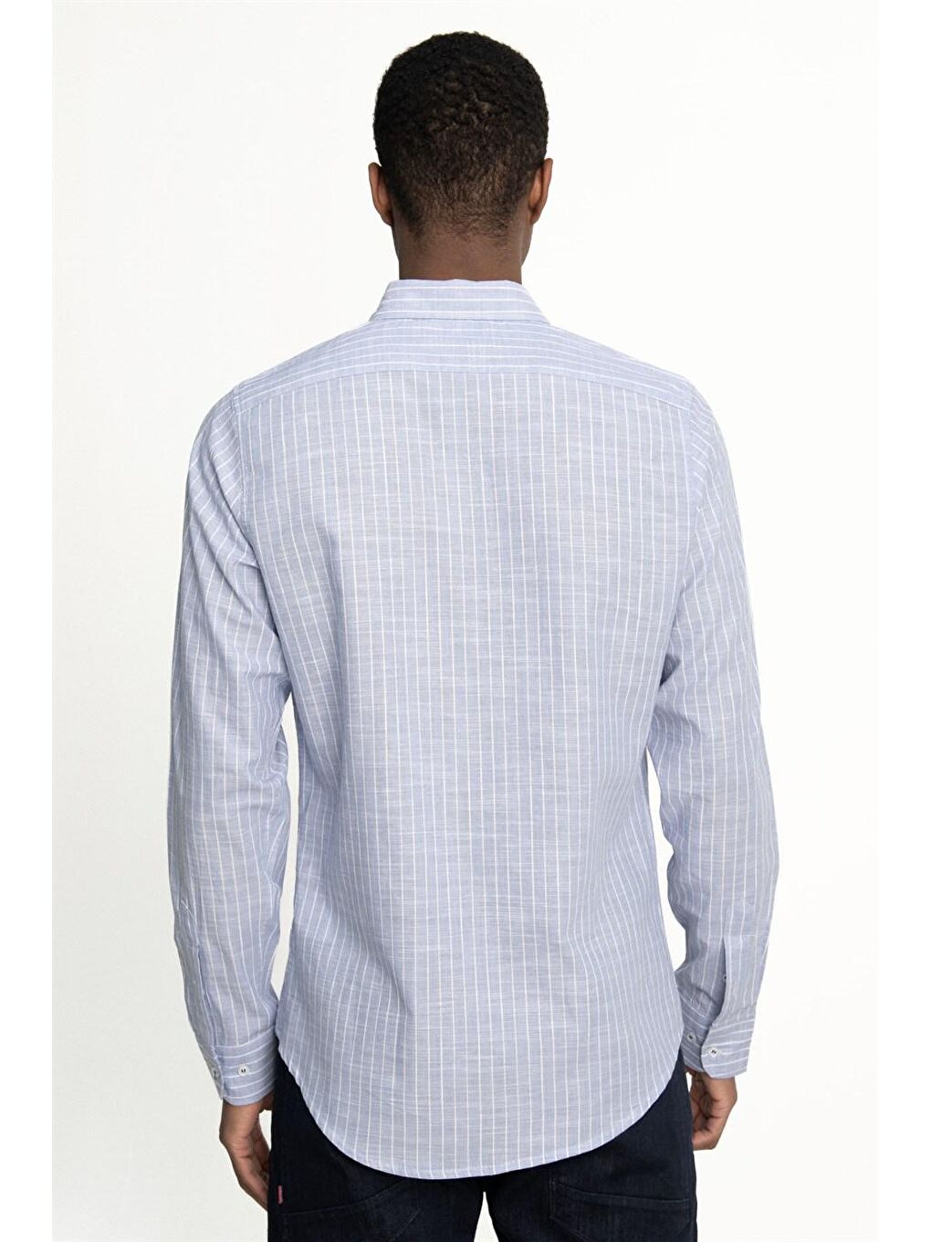 Tudors Slim Fit Uzun Kol Çizgili Keten Düğmeli Yaka Spor Erkek Mavi Gömlek-3