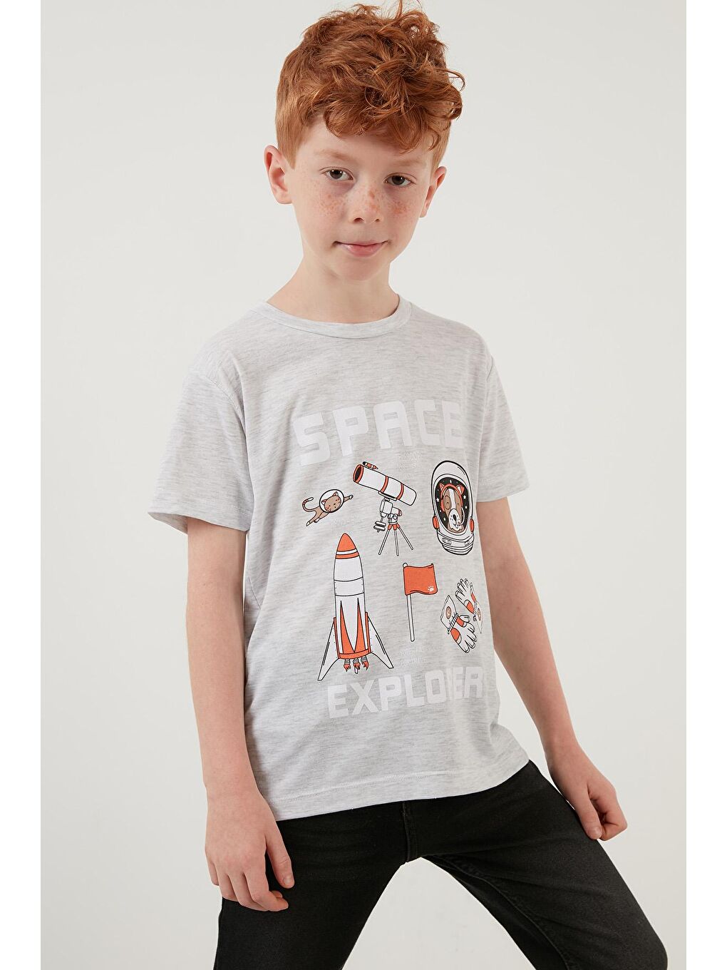 Gri Baskılı Bisiklet Yaka Pamuklu T Shirt 6211007-1