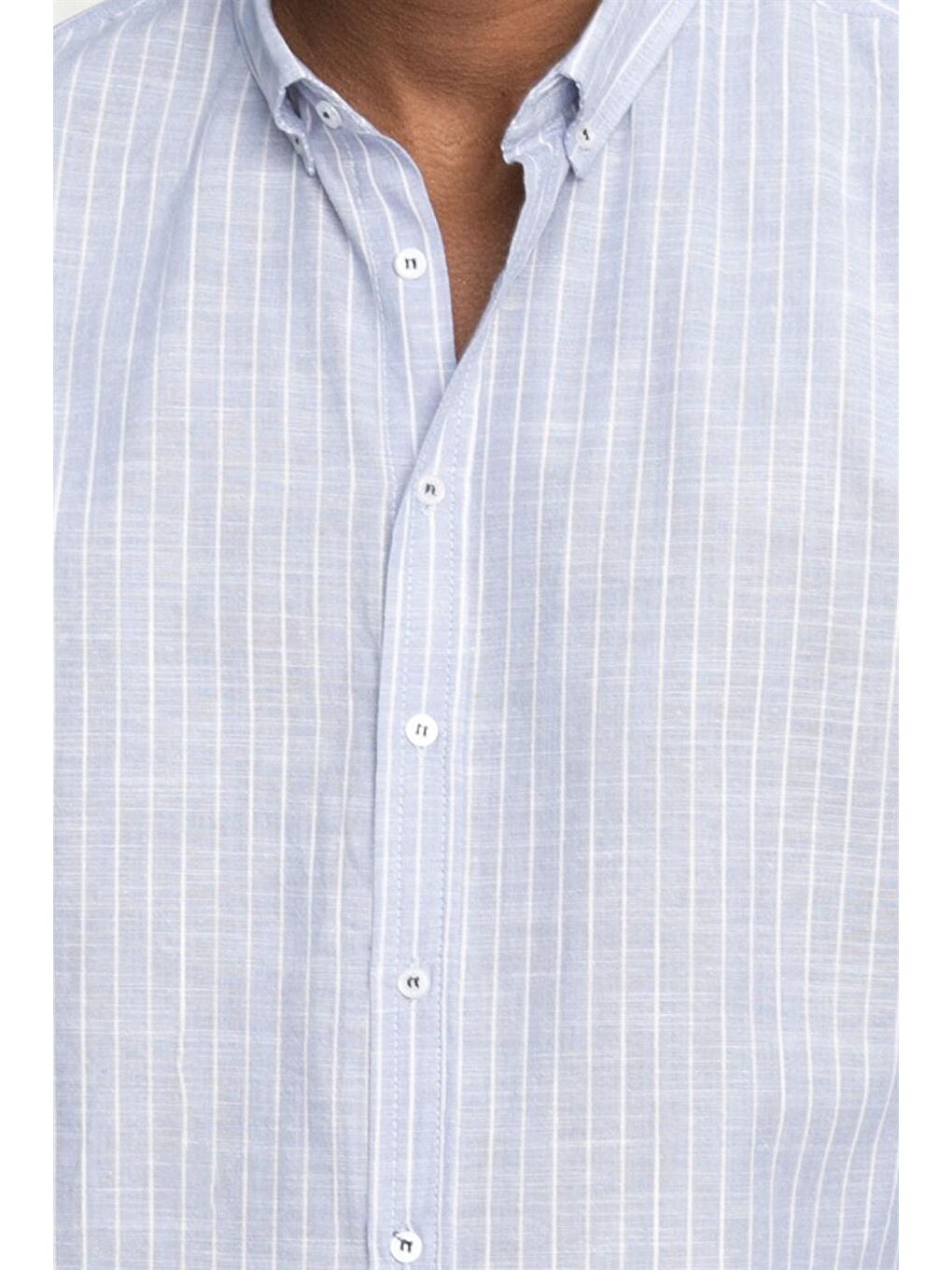 Tudors Slim Fit Uzun Kol Çizgili Keten Düğmeli Yaka Spor Erkek Mavi Gömlek-4