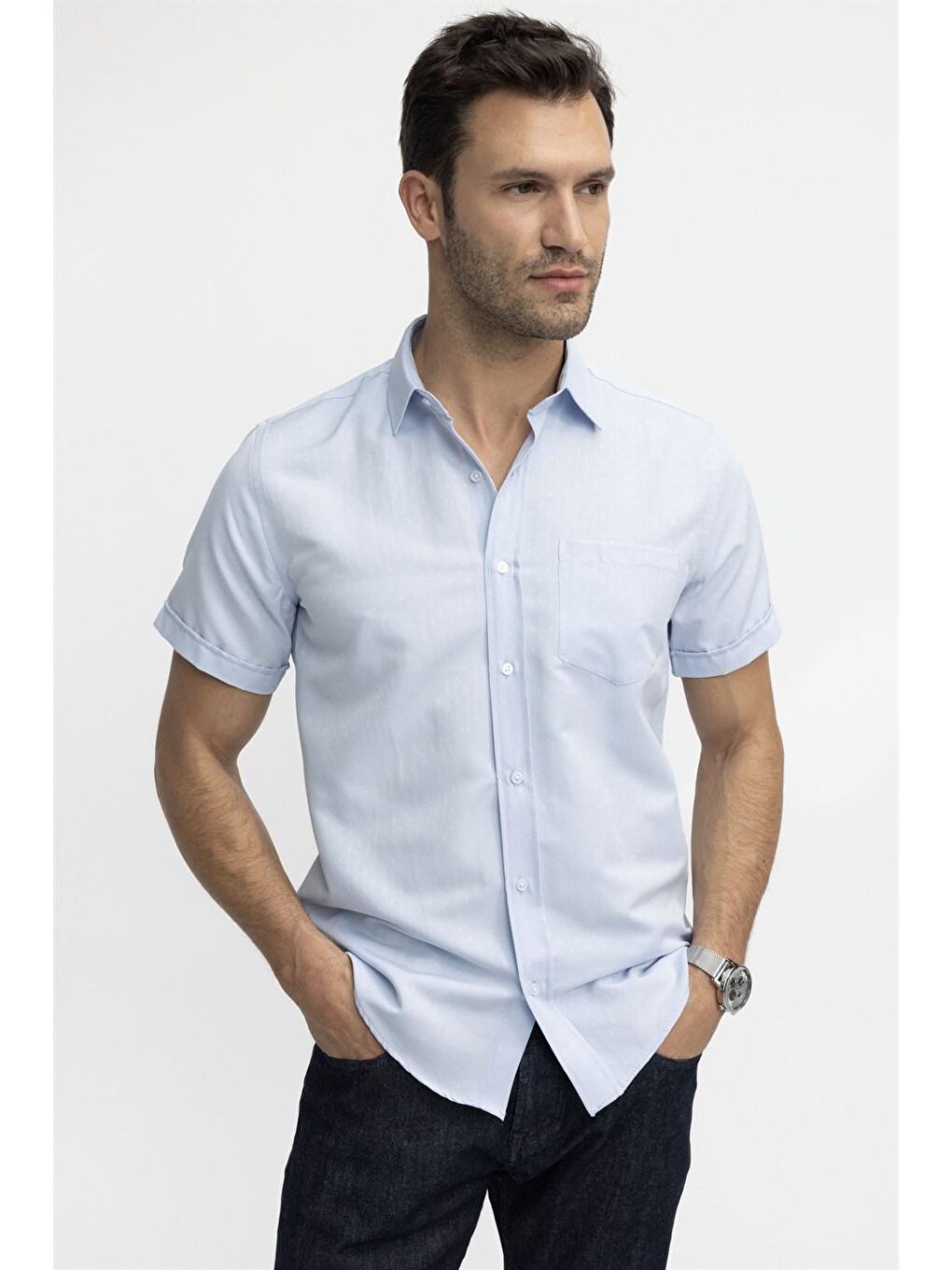 Tudors Klasik Fit Kısa Kol Oxford Doku Armürlü Kravatlık Mavi Gömlek-1