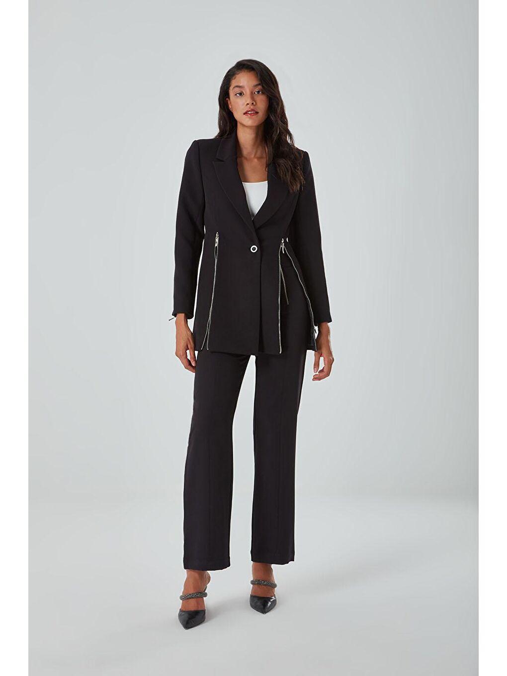 Fermuar Detaylı Siyah Pantolon-5