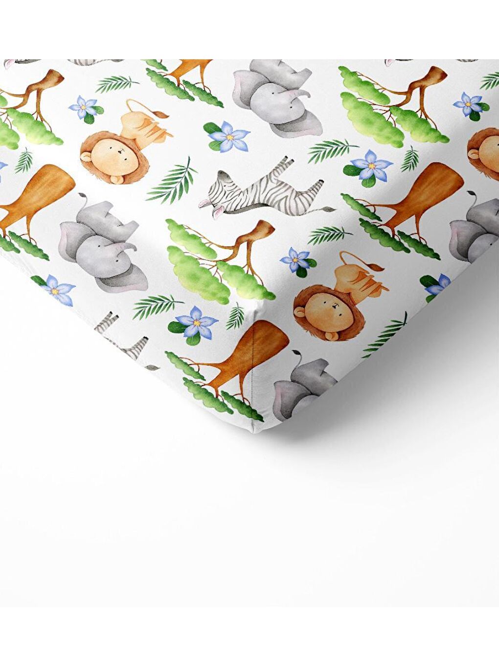Karışık Aslan Ve Ağaç Desen Baskılı Bebek Boy Lastikli Çarşaf Seti Beyaz  60x120 cm-1