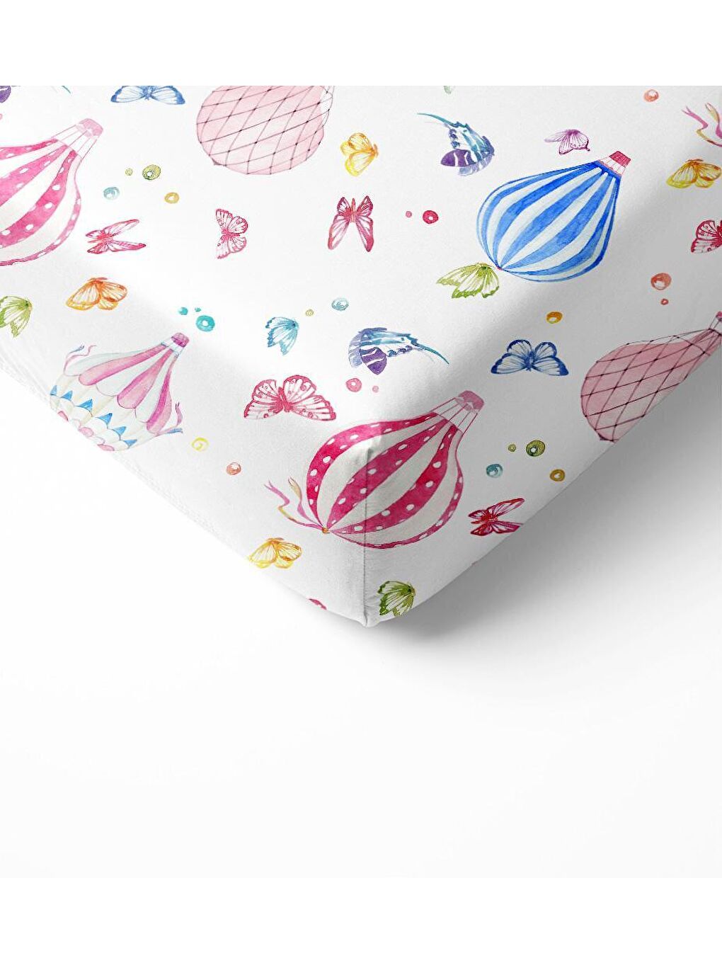 Karışık Uçan Balon Desen Baskılı Bebek Boy Lastikli Çarşaf Seti Beyaz  60x120 cm-1